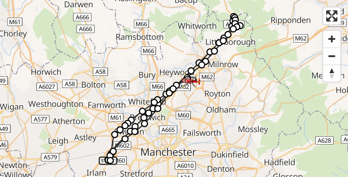 Flight path map showing Air Ambulance Helicopter route from Manchester Barton Aerodrome to Castleton