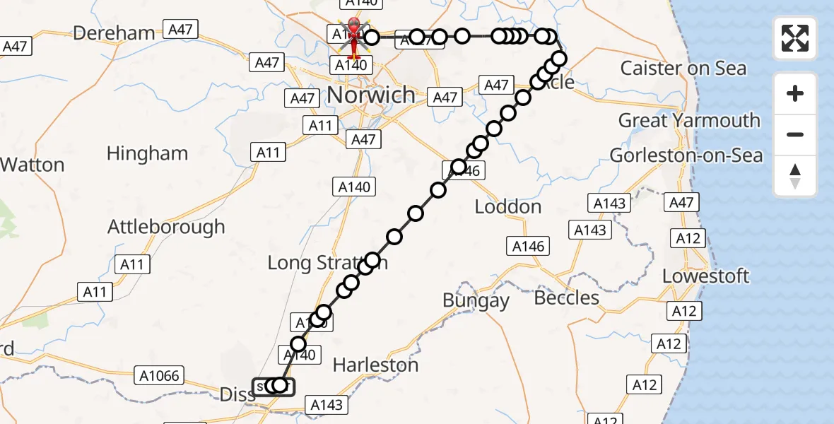 Flight path map showing Air Ambulance Helicopter route from Diss to Norwich Airport