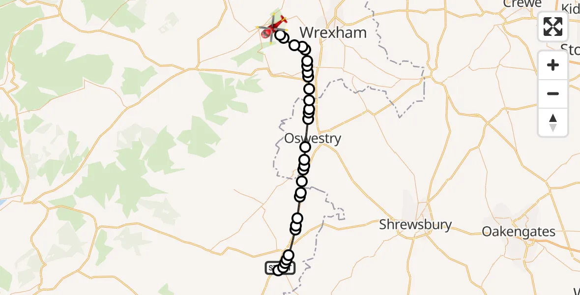Flight path map showing Air Ambulance Helicopter route from Welshpool Airport to Llandegla