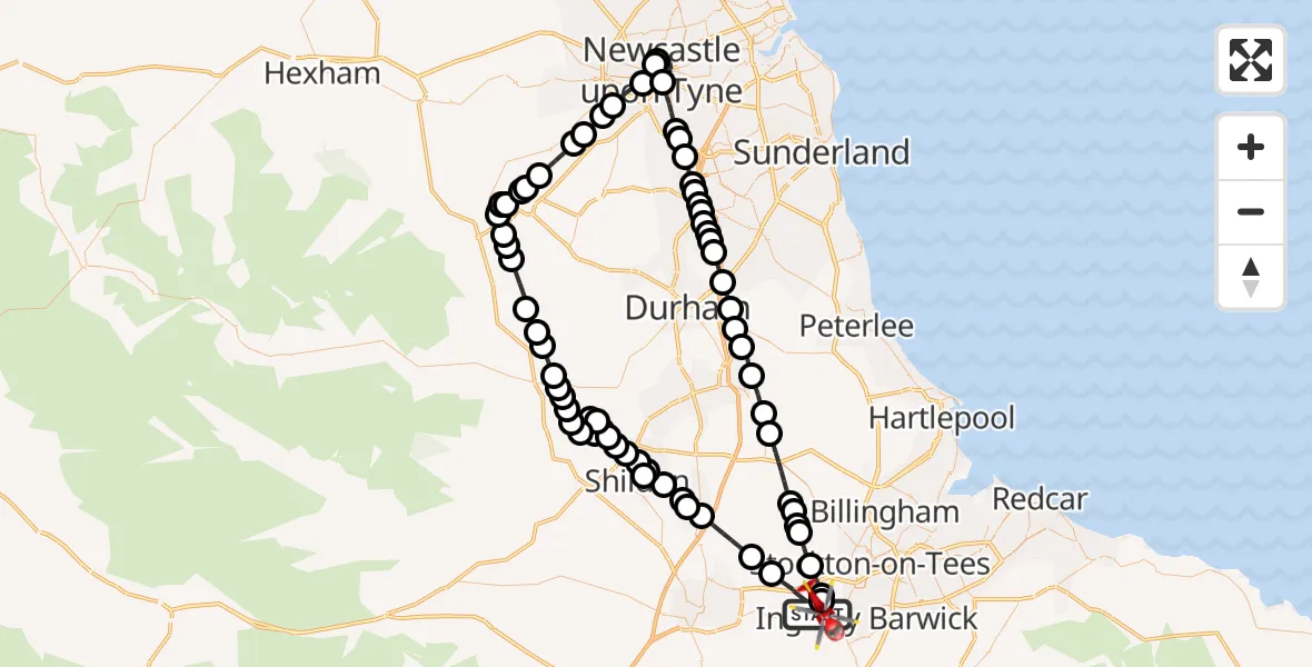 Flight path map showing Air Ambulance Helicopter route from Longnewton to Egglescliffe
