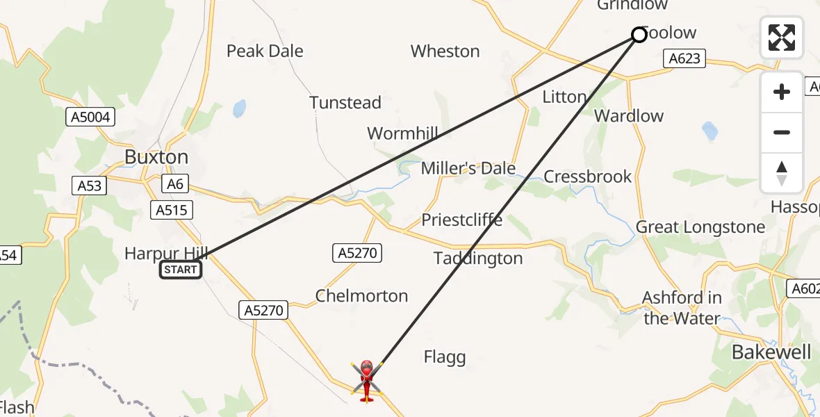 Flight path map showing Air Ambulance Helicopter route from Harpur Hill to Derbyshire Dales