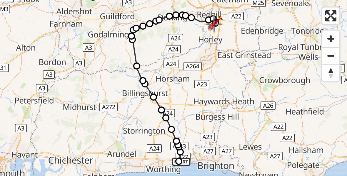 Flight path map showing Air Ambulance Helicopter route from Brighton City Airport to Redhill Aerodrome
