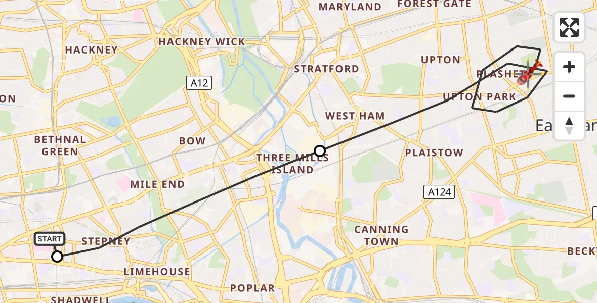 Flight path map showing Air Ambulance Helicopter route from Royal London Hospital to London Borough of Newham