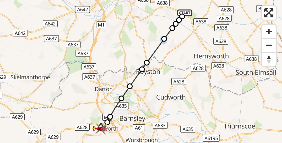 Flight path map showing Air Ambulance Helicopter route from YAA Nostell Helicopter Port to Dodworth
