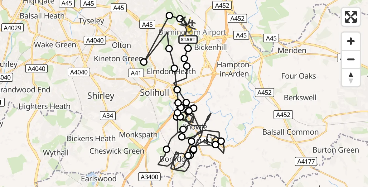 Flight path map showing Police Helicopter route from Birmingham Airport to Birmingham Airport