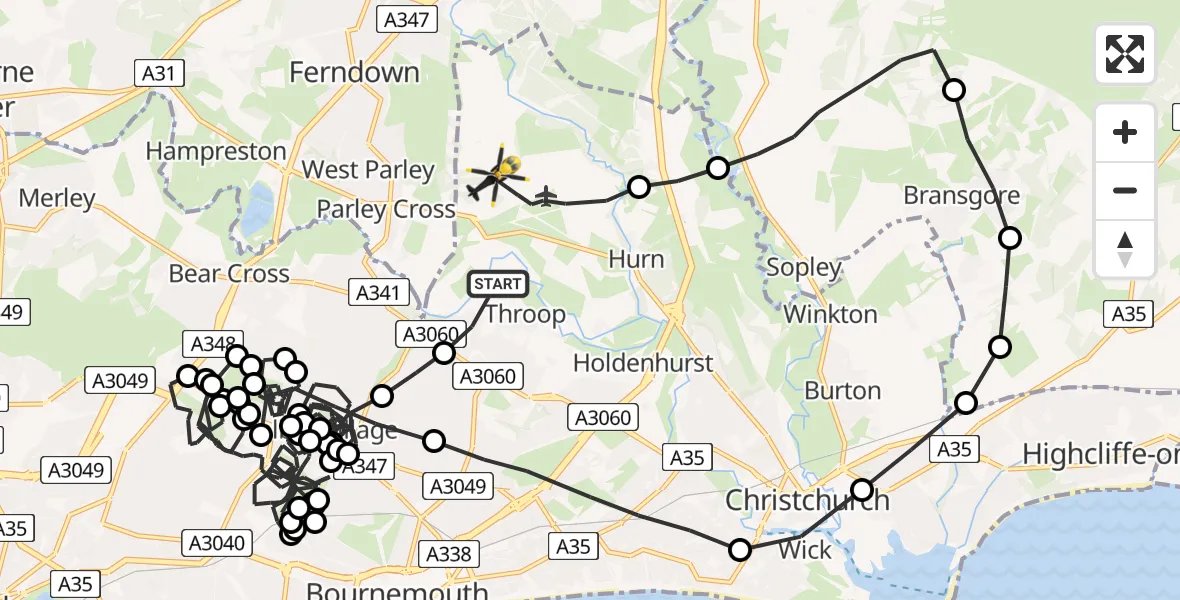 Flight path map showing Police Helicopter route from Throop to Bournemouth Airport