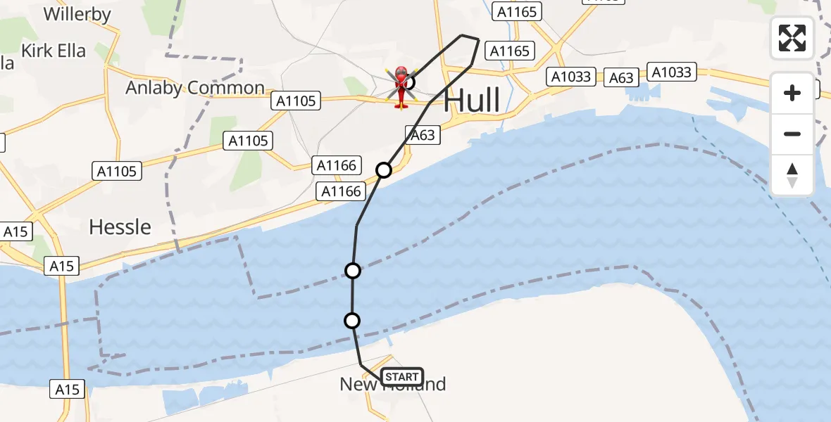 Flight path map showing Air Ambulance Helicopter route from New Holland to Hull Royal Infirmary