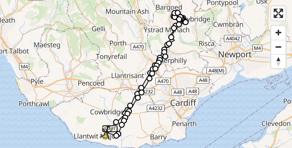 Flight path map showing Police Helicopter route from St Mary Church to Eglwys Brewis