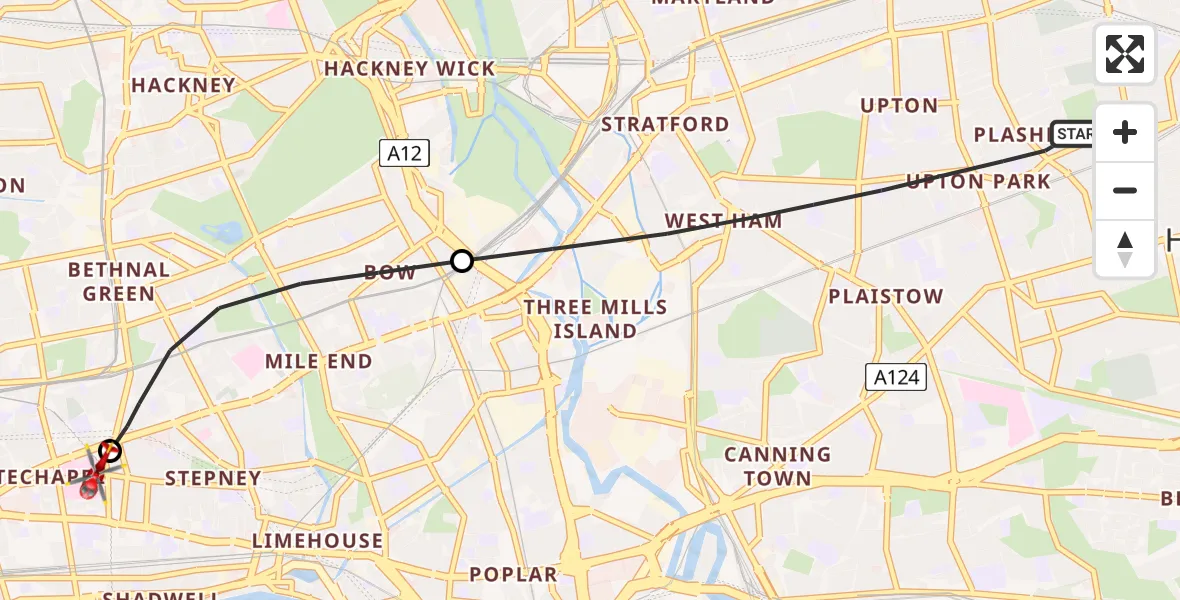 Flight path map showing Air Ambulance Helicopter route from London Borough of Newham to Royal London Hospital