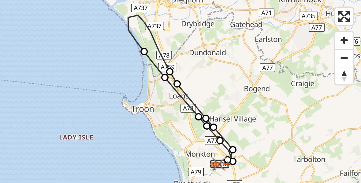 Flight path map showing Coastguard Helicopter route from Glasgow Prestwick Airport to Glasgow Prestwick Airport