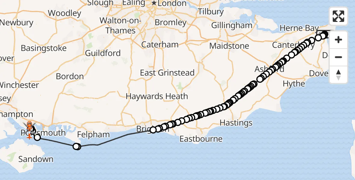 Flight path map showing Coastguard Helicopter route from Manston Airport to Solent Airport