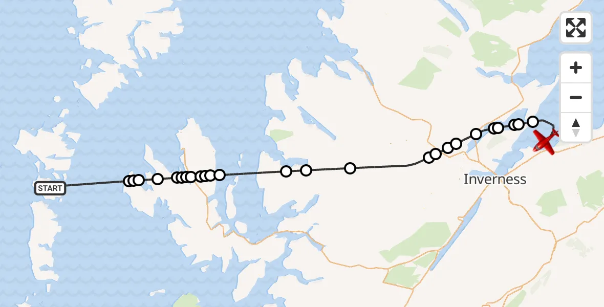 Flight path map showing Air Ambulance Aircraft route from Inner Seas to North Sea