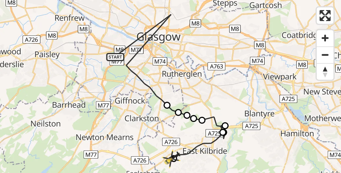 Flight path map showing Police Helicopter route from Glasgow to Mossneuk