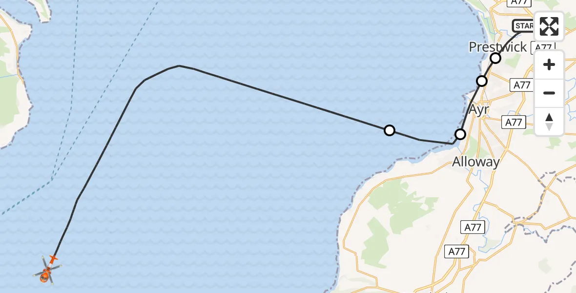Flight path map showing Coastguard Helicopter route from Glasgow Prestwick Airport to Inner Seas