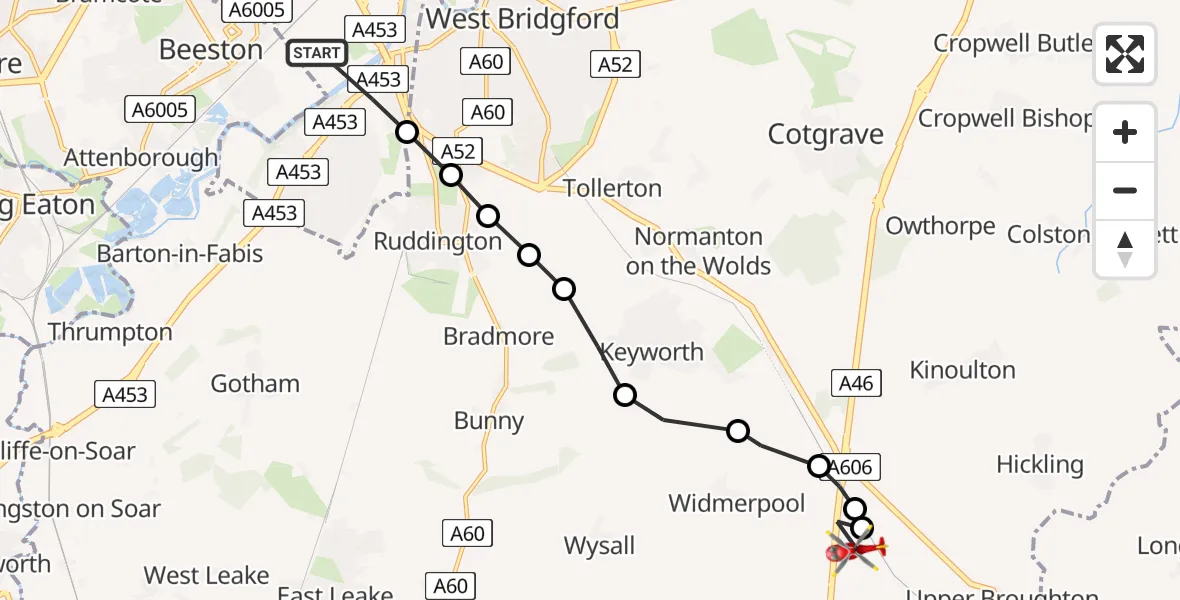 Flight path map showing Air Ambulance Helicopter route from City of Nottingham to Nottingham Heliport