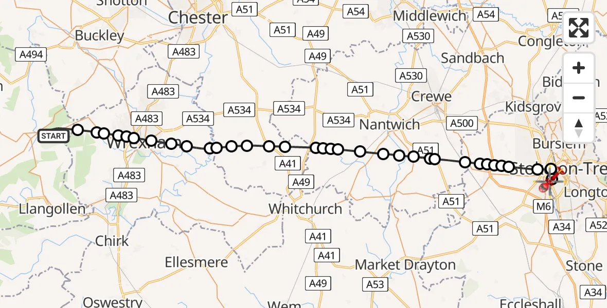 Flight path map showing Air Ambulance Helicopter route from Llandegla to University Hospital North Staffs