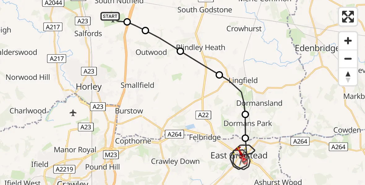 Flight path map showing Air Ambulance Helicopter route from Redhill Aerodrome to East Grinstead