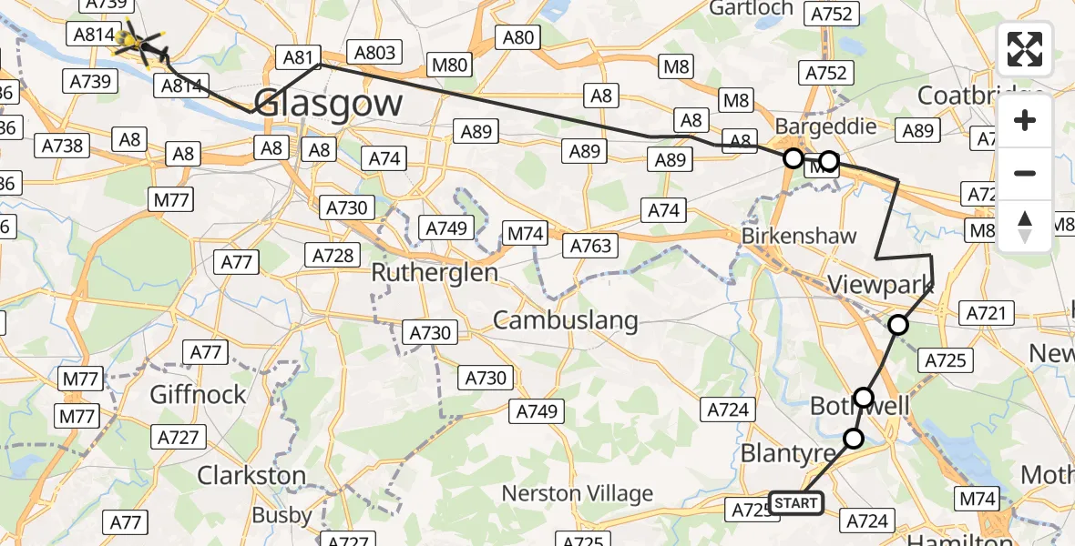 Flight path map showing Police Helicopter route from Blantyre to Glasgow