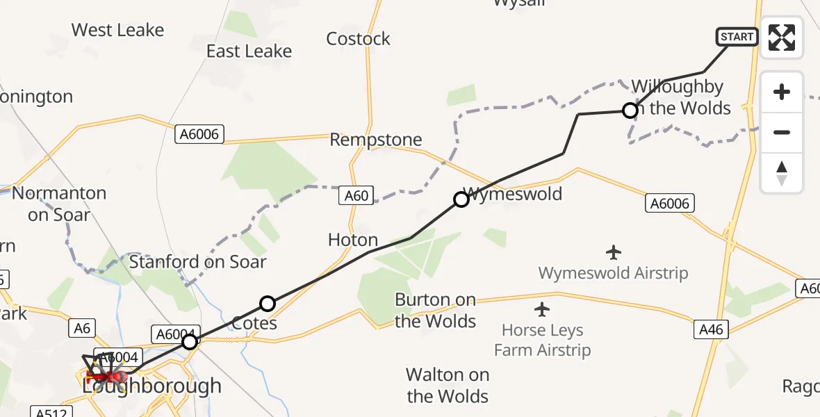 Flight path map showing Air Ambulance Helicopter route from Willoughby on the Wolds to Loughborough