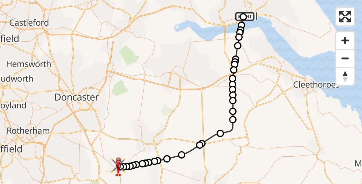 Flight path map showing Air Ambulance Helicopter route from Hull Royal Infirmary to Retford