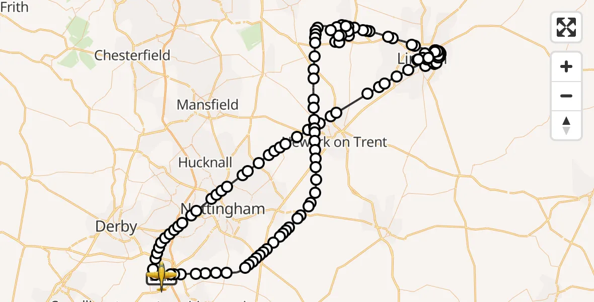 Flight path map showing Police Aircraft route from East Midlands Airport to East Midlands Airport