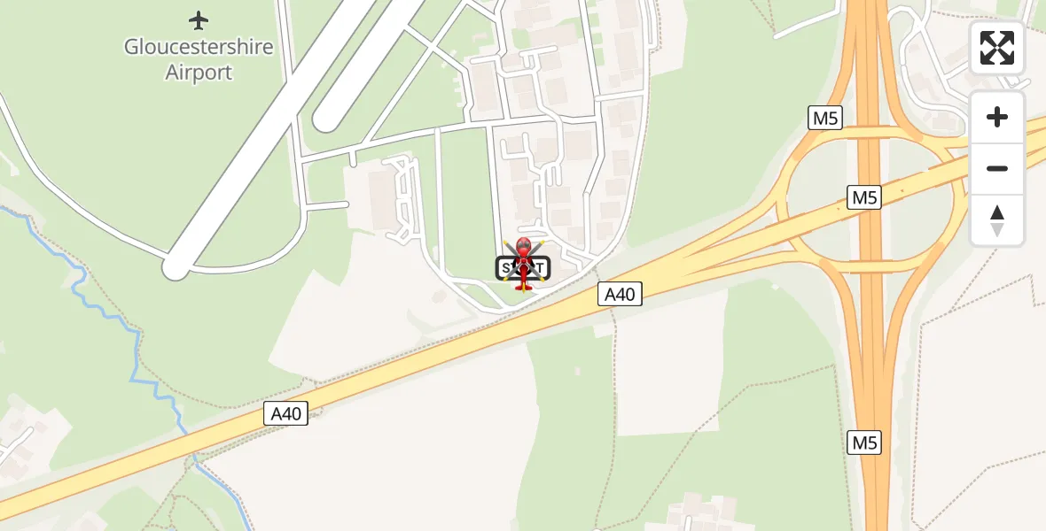 Flight path map showing Air Ambulance Helicopter route from Gloucestershire Airport to Churchdown