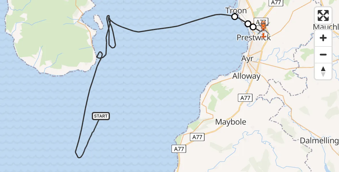 Flight path map showing Coastguard Helicopter route from Inner Seas to Glasgow Prestwick Airport