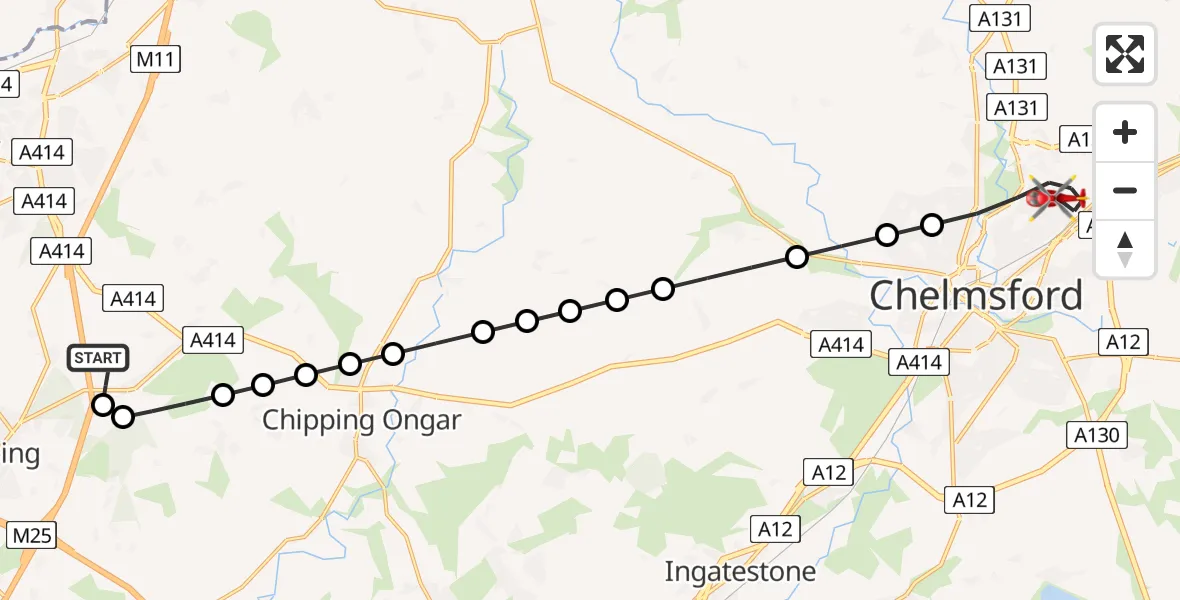 Flight path map showing Air Ambulance Helicopter route from North Weald Airfield to Chelmsford