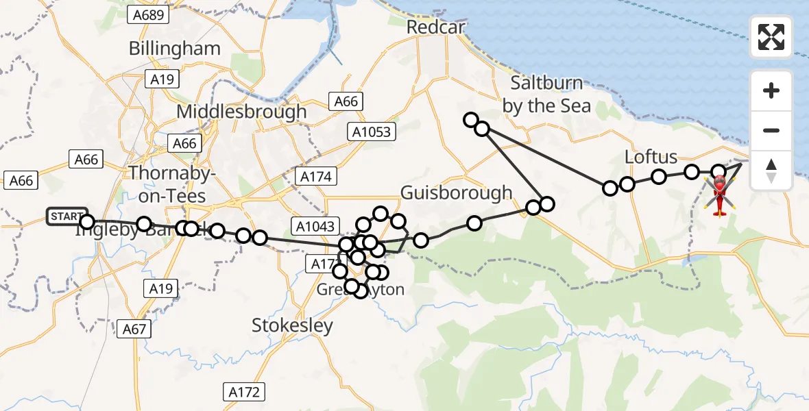Flight path map showing Air Ambulance Helicopter route from Egglescliffe to Roxby