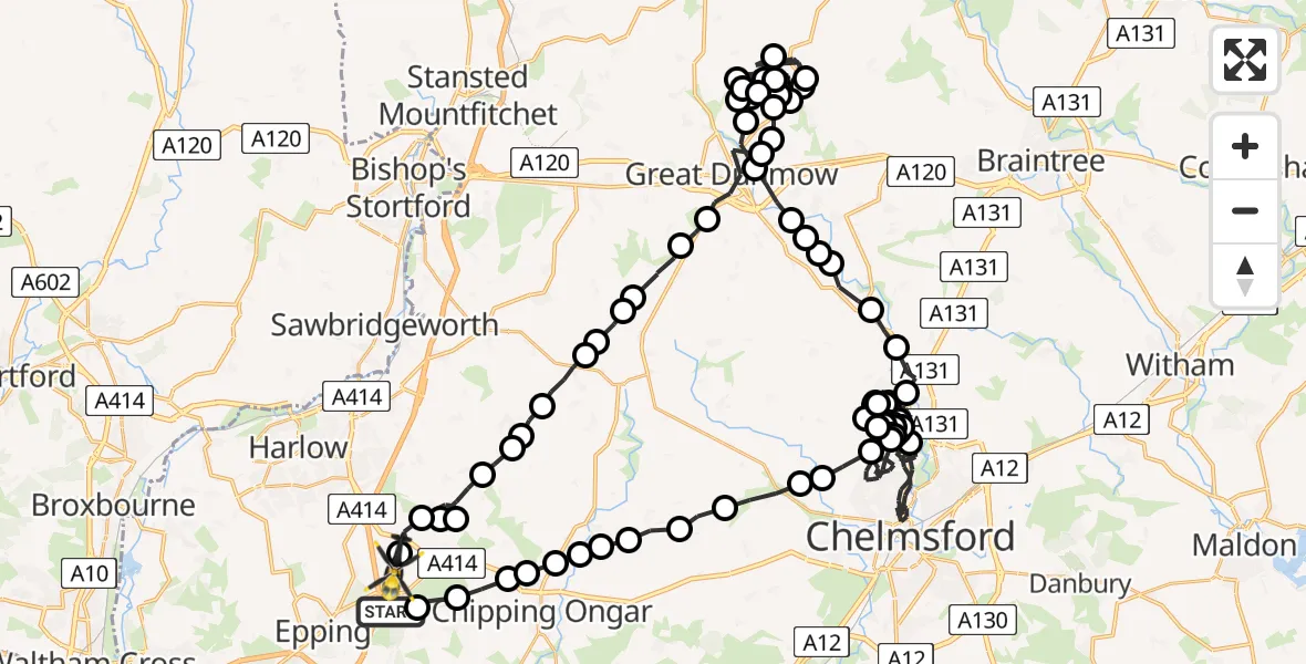 Flight path map showing Police Helicopter route from Coopersale to North Weald Airfield