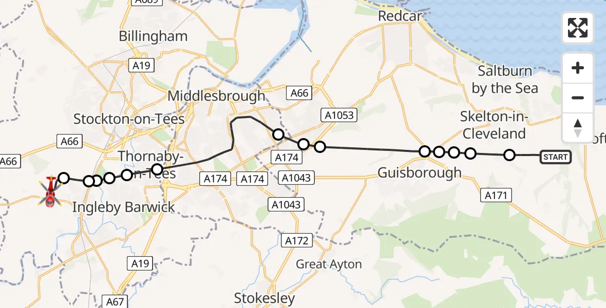Flight path map showing Air Ambulance Helicopter route from Lingdale to Egglescliffe