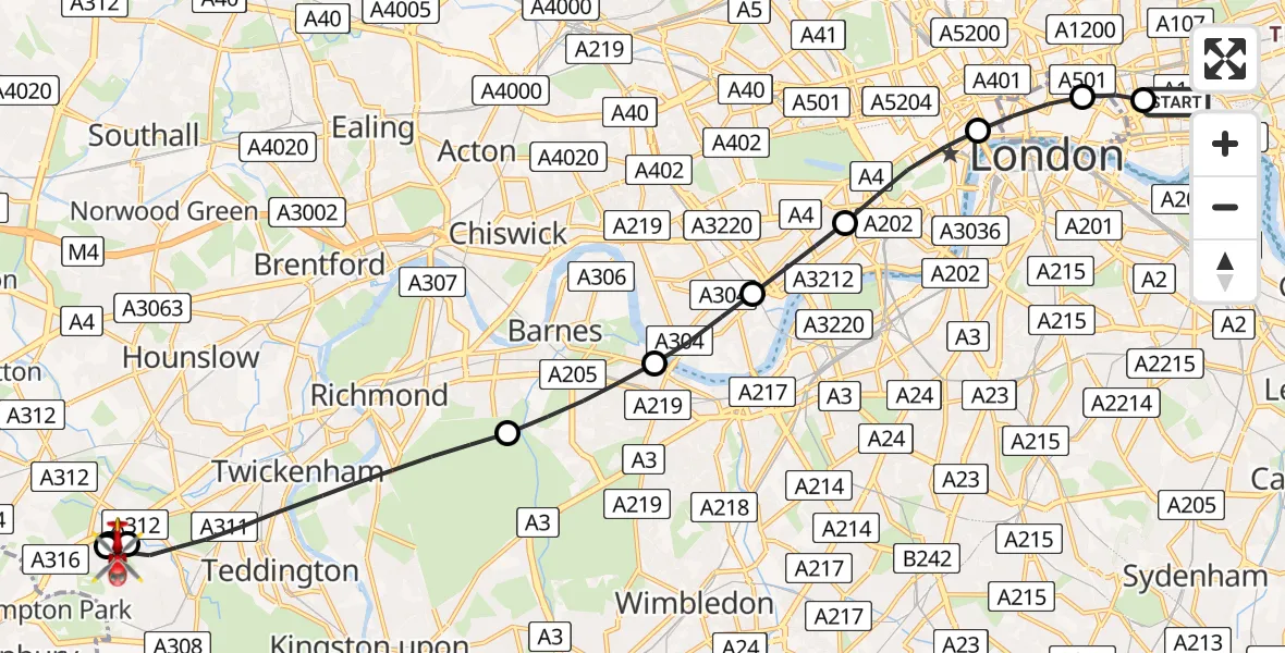Flight path map showing Air Ambulance Helicopter route from Royal London Hospital to London Borough of Hounslow
