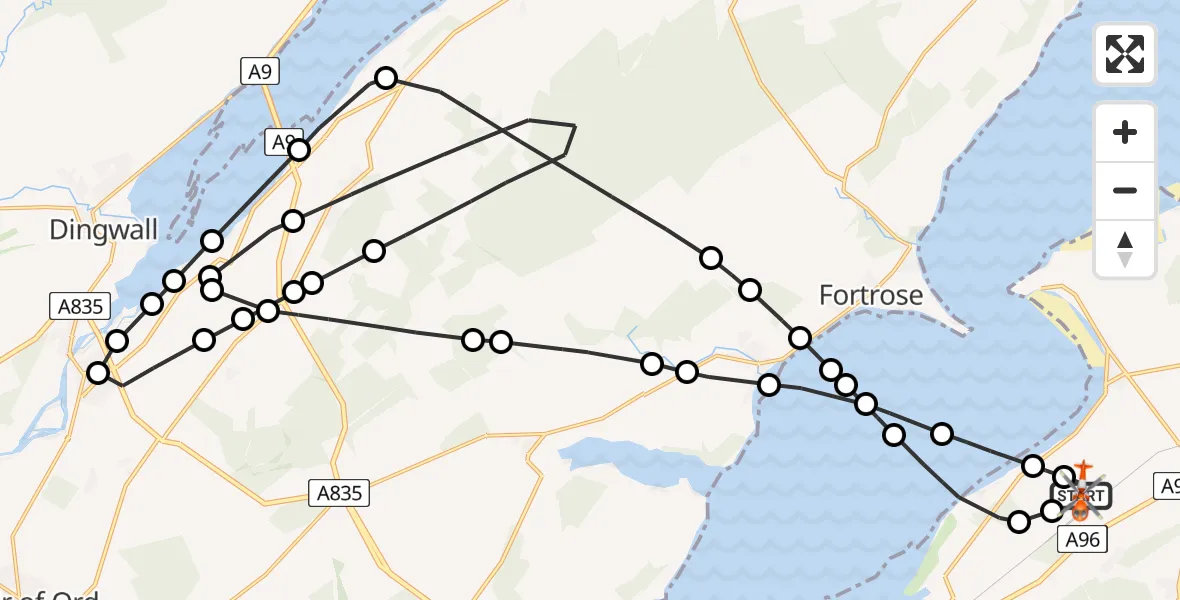 Flight path map showing Coastguard Helicopter route from Inverness Airport to Inverness Airport