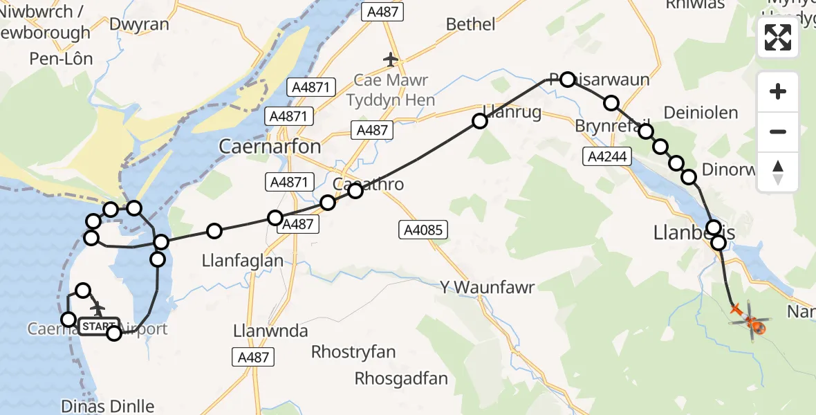 Flight path map showing Coastguard Helicopter route from Caernarfon Airport to Llanberis