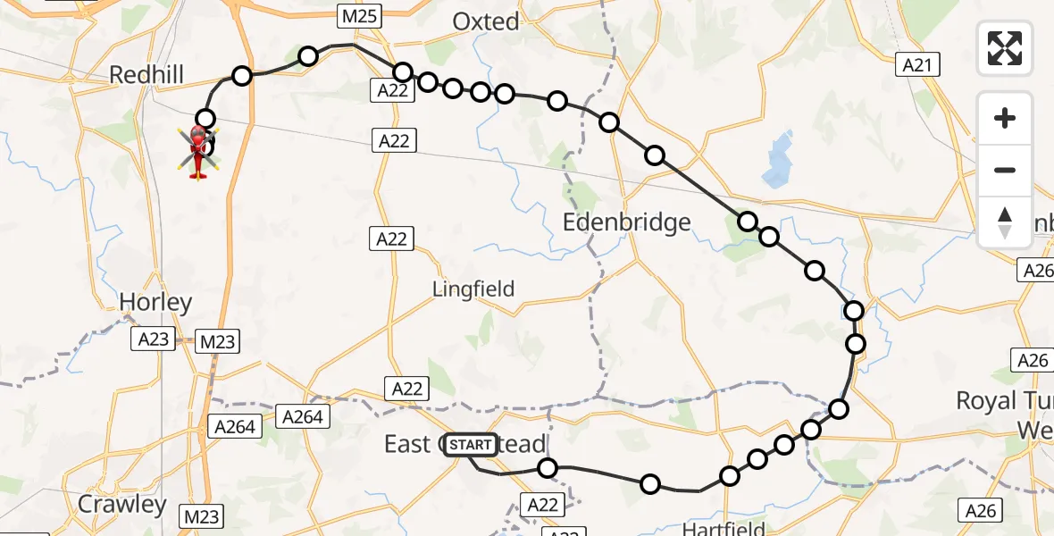 Flight path map showing Air Ambulance Helicopter route from East Grinstead to Redhill Aerodrome