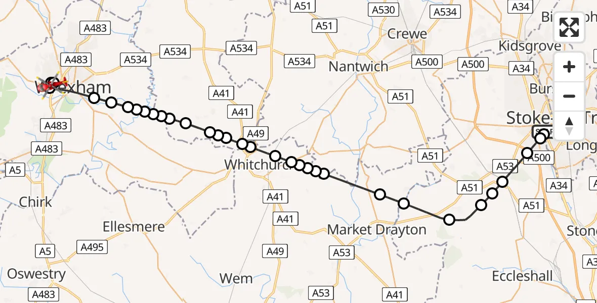Flight path map showing Air Ambulance Helicopter route from University Hospital North Staffs to Stansty