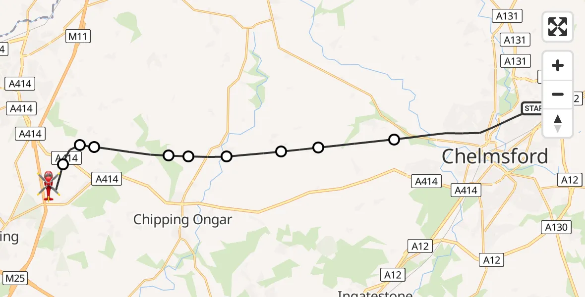 Flight path map showing Air Ambulance Helicopter route from Chelmsford to North Weald Airfield