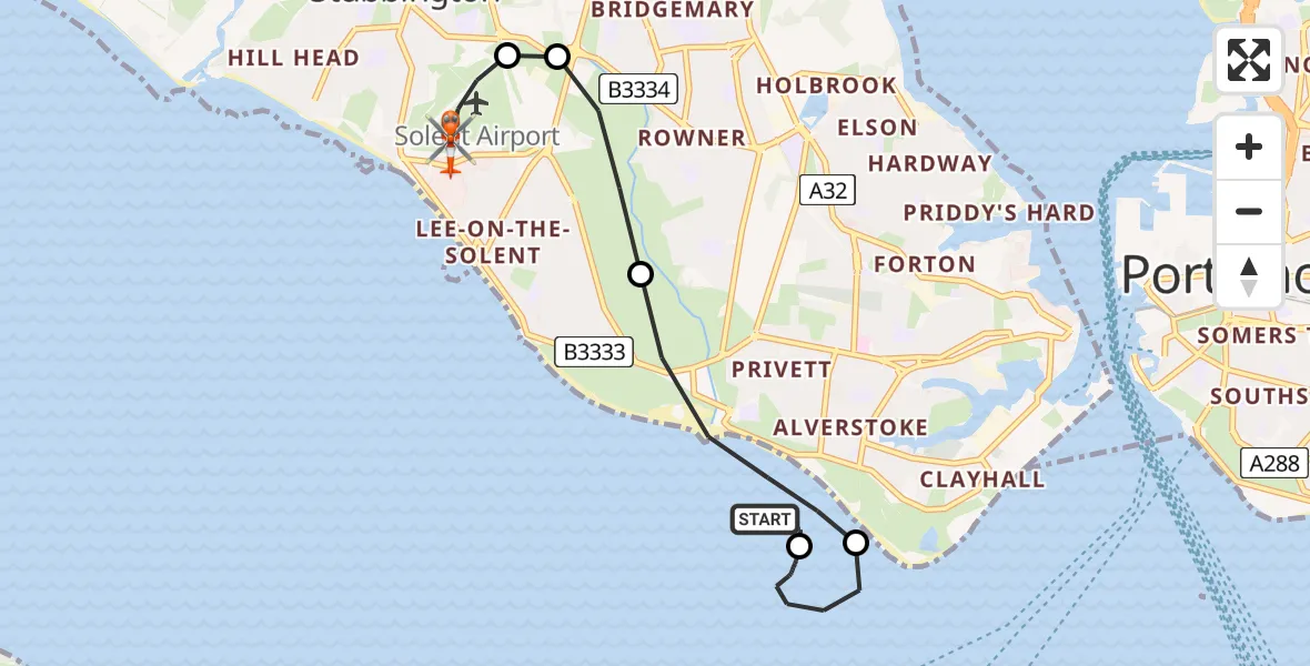 Flight path map showing Coastguard Helicopter route from Gosport to Solent Airport