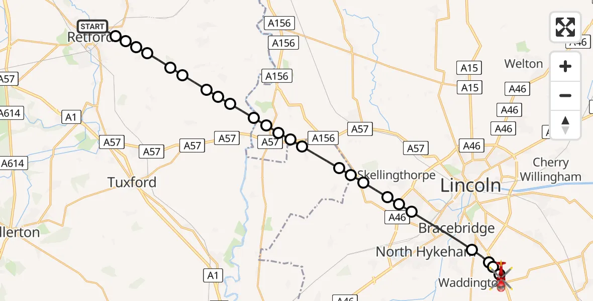 Flight path map showing Air Ambulance Helicopter route from Retford to North Kesteven