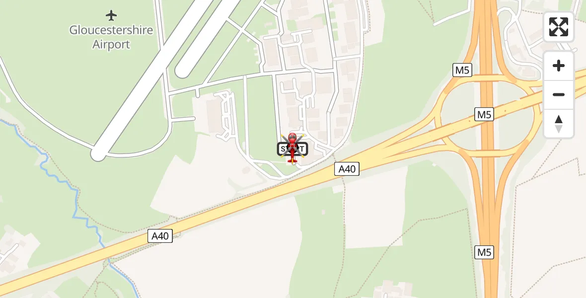 Flight path map showing Air Ambulance Helicopter route from Gloucestershire Airport to Churchdown