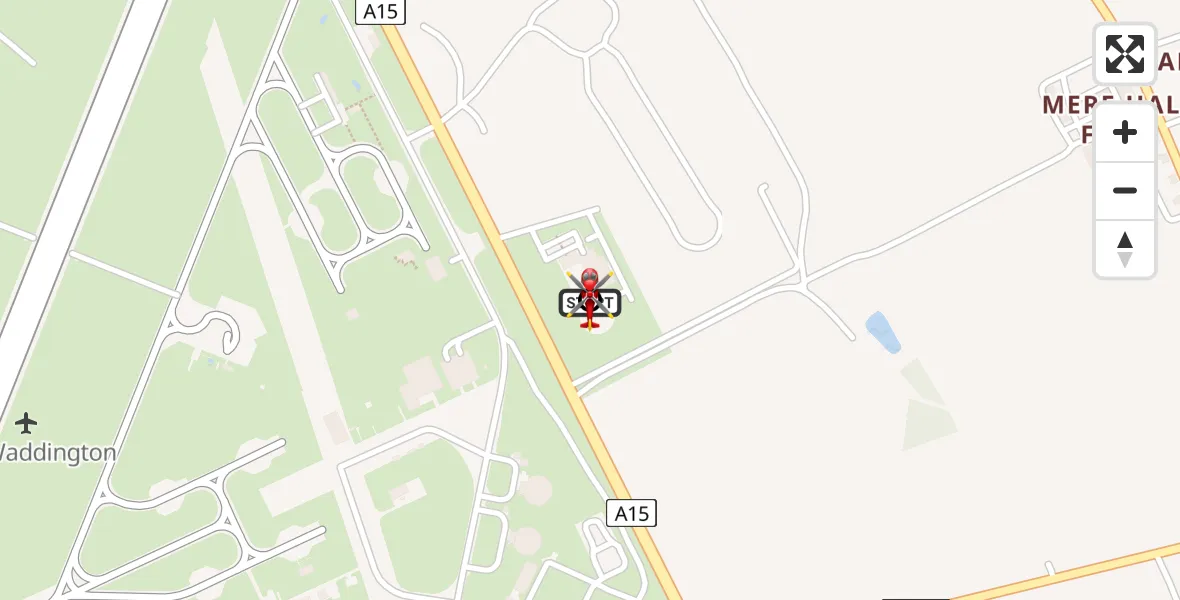 Flight path map showing Air Ambulance Helicopter route from RAF Waddington to North Kesteven