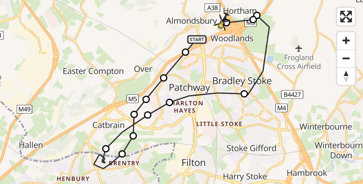 Flight path map showing Police Helicopter route from Almondsbury to Almondsbury Helicopter Base