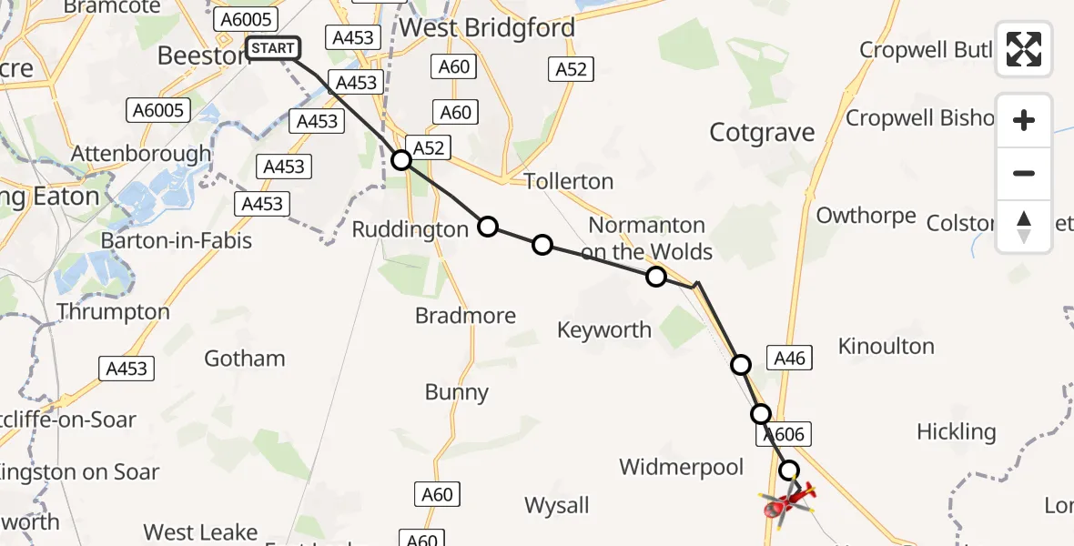 Flight path map showing Air Ambulance Helicopter route from City of Nottingham to Nottingham Heliport