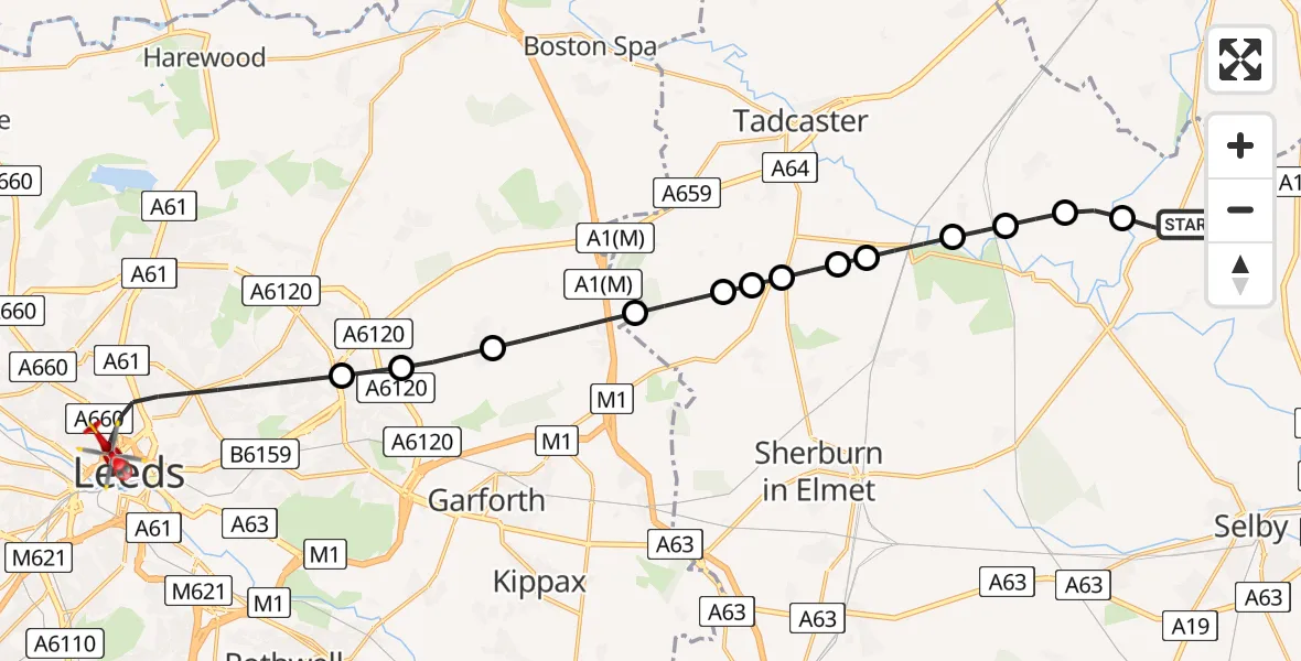 Flight path map showing Air Ambulance Helicopter route from Stillingfleet to Leeds