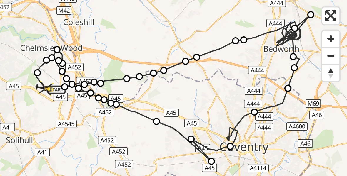 Flight path map showing Police Helicopter route from Birmingham Airport to Birmingham Airport