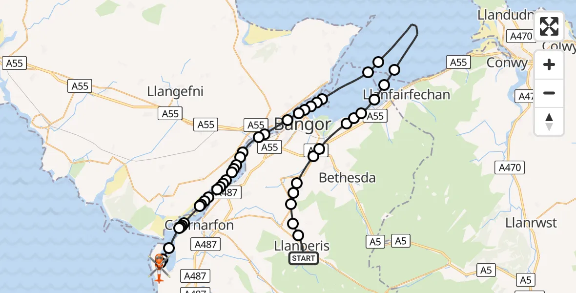 Flight path map showing Coastguard Helicopter route from Llanberis to Caernarfon Airport