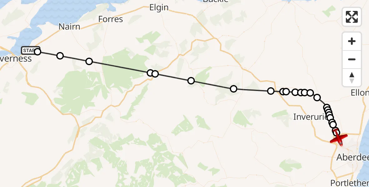 Flight path map showing Air Ambulance Aircraft route from Inverness to Aberdeen City