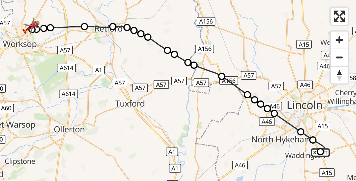 Flight path map showing Air Ambulance Helicopter route from RAF Waddington to Worksop