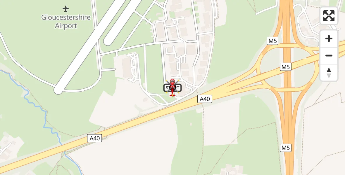 Flight path map showing Air Ambulance Helicopter route from Gloucestershire Airport to Churchdown