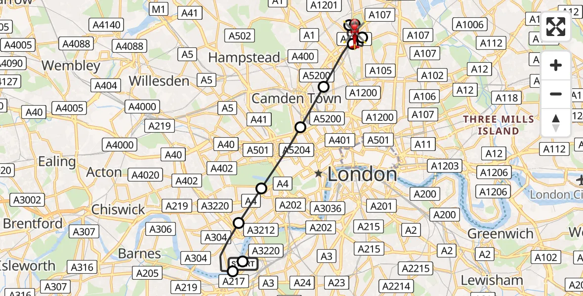 Flight path map showing Air Ambulance Helicopter route from London Heliport to London Borough of Hackney